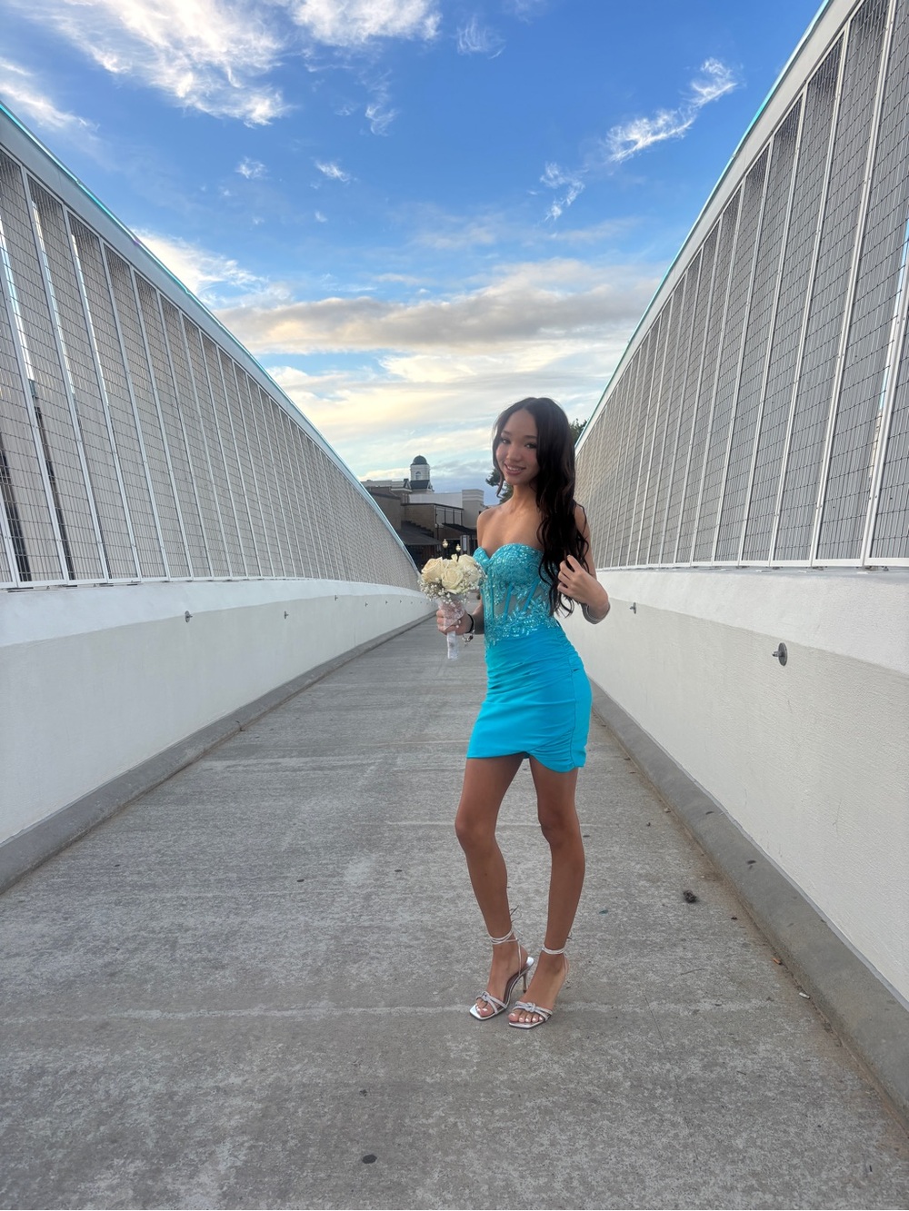 Strapless Turquoise Homecoming Dress with Beaded Lace Bodice